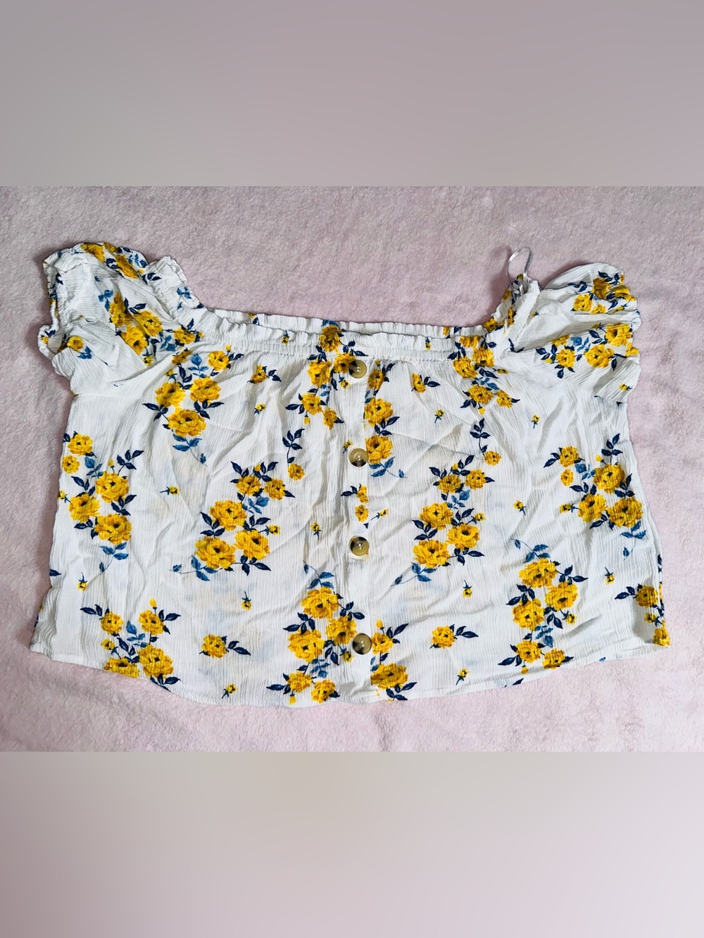 Divided White Floral Off-Shoulder Crop Top with Yellow & Blue Roses